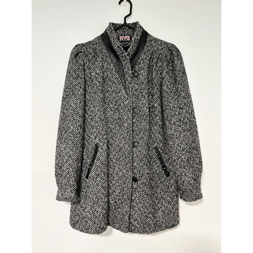 Vintage New York Girl Herringbone Coat Black White Faux Leather Trim Size 12 USA